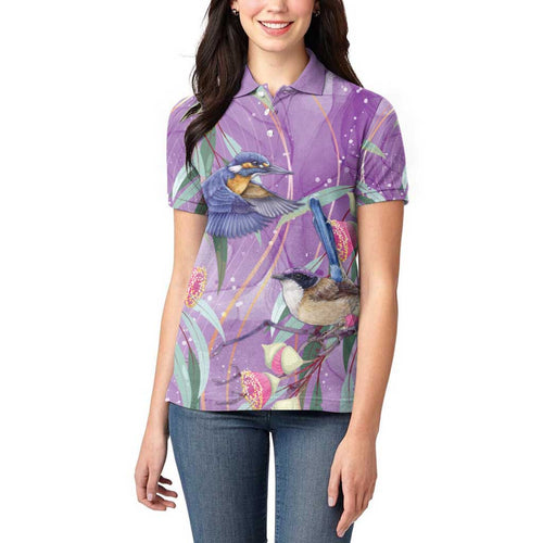 Australia Epilepsy Awareness Women Polo Shirt Purple Fairy Wren with Eucalyptus Flowers - Aussie Hoodie