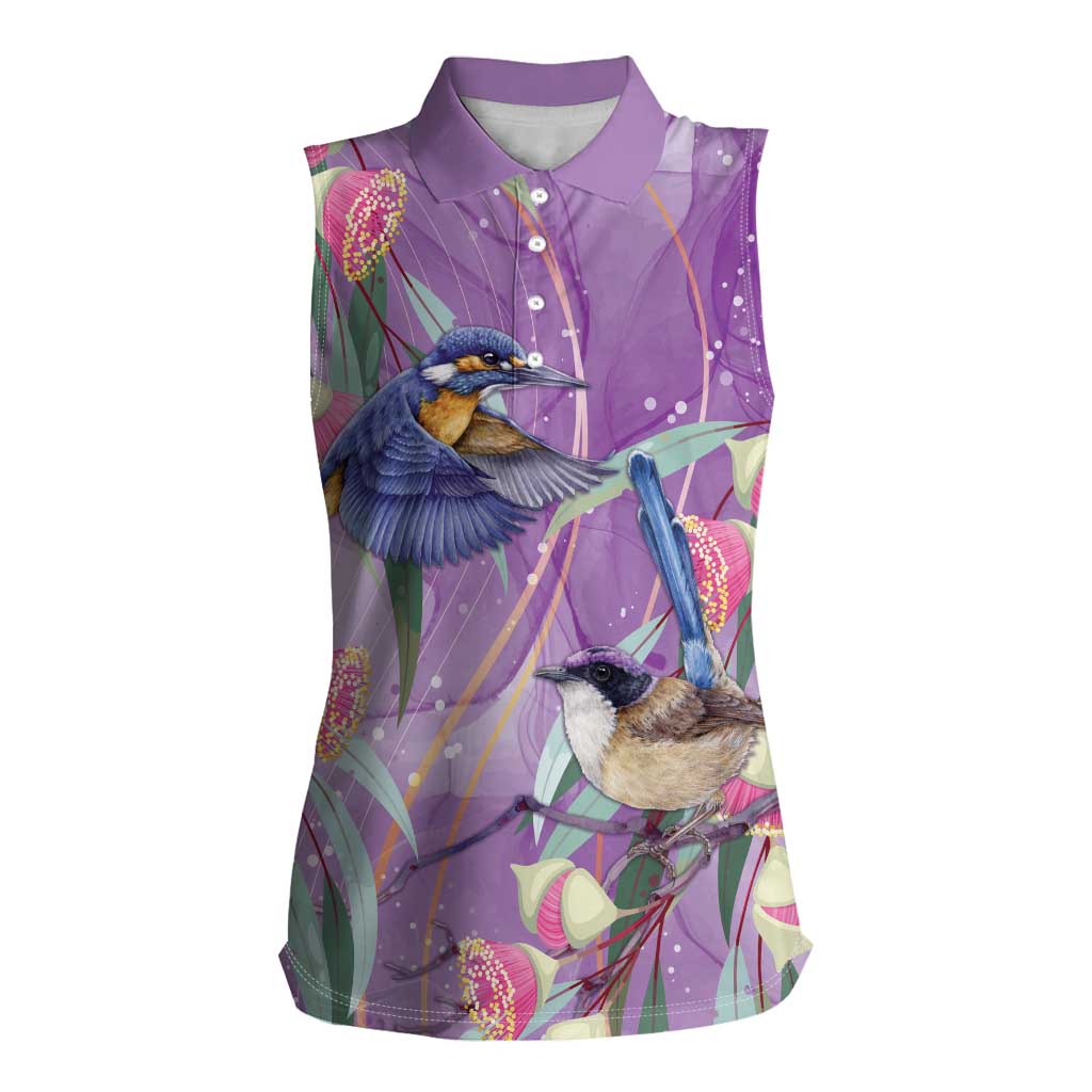 Australia Epilepsy Awareness Women Sleeveless Polo Shirt Purple Fairy Wren with Eucalyptus Flowers - undefined