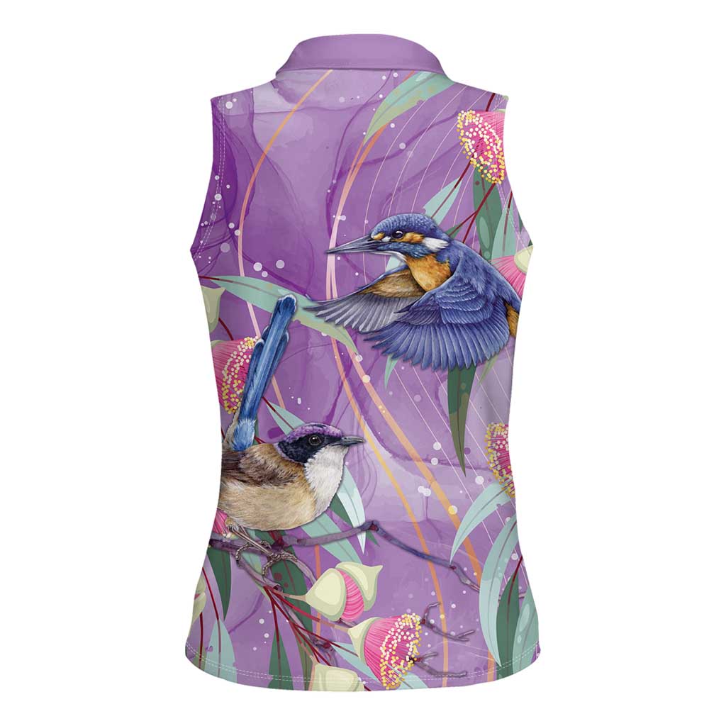 Australia Epilepsy Awareness Women Sleeveless Polo Shirt Purple Fairy Wren with Eucalyptus Flowers - undefined