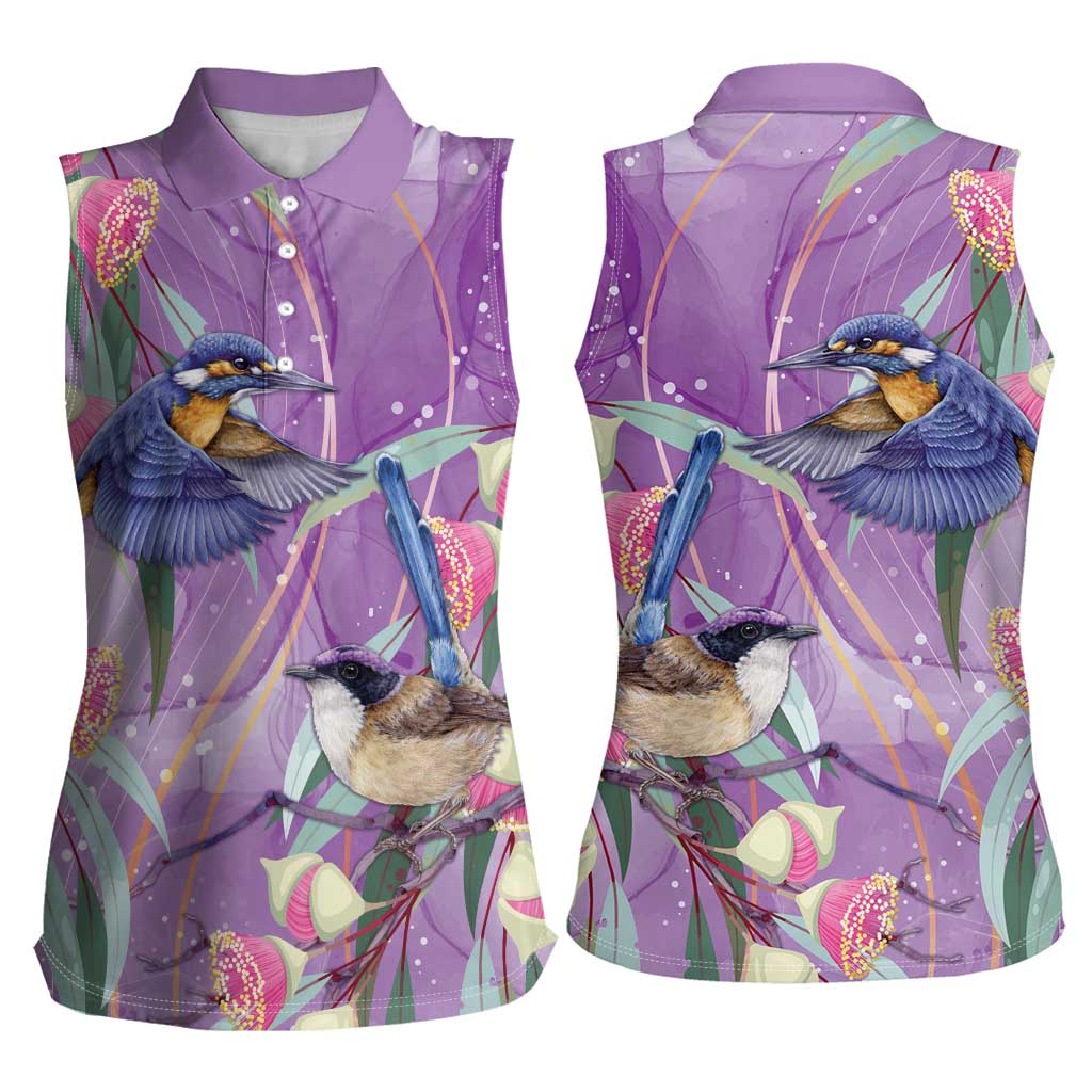 Australia Epilepsy Awareness Women Sleeveless Polo Shirt Purple Fairy Wren with Eucalyptus Flowers - undefined