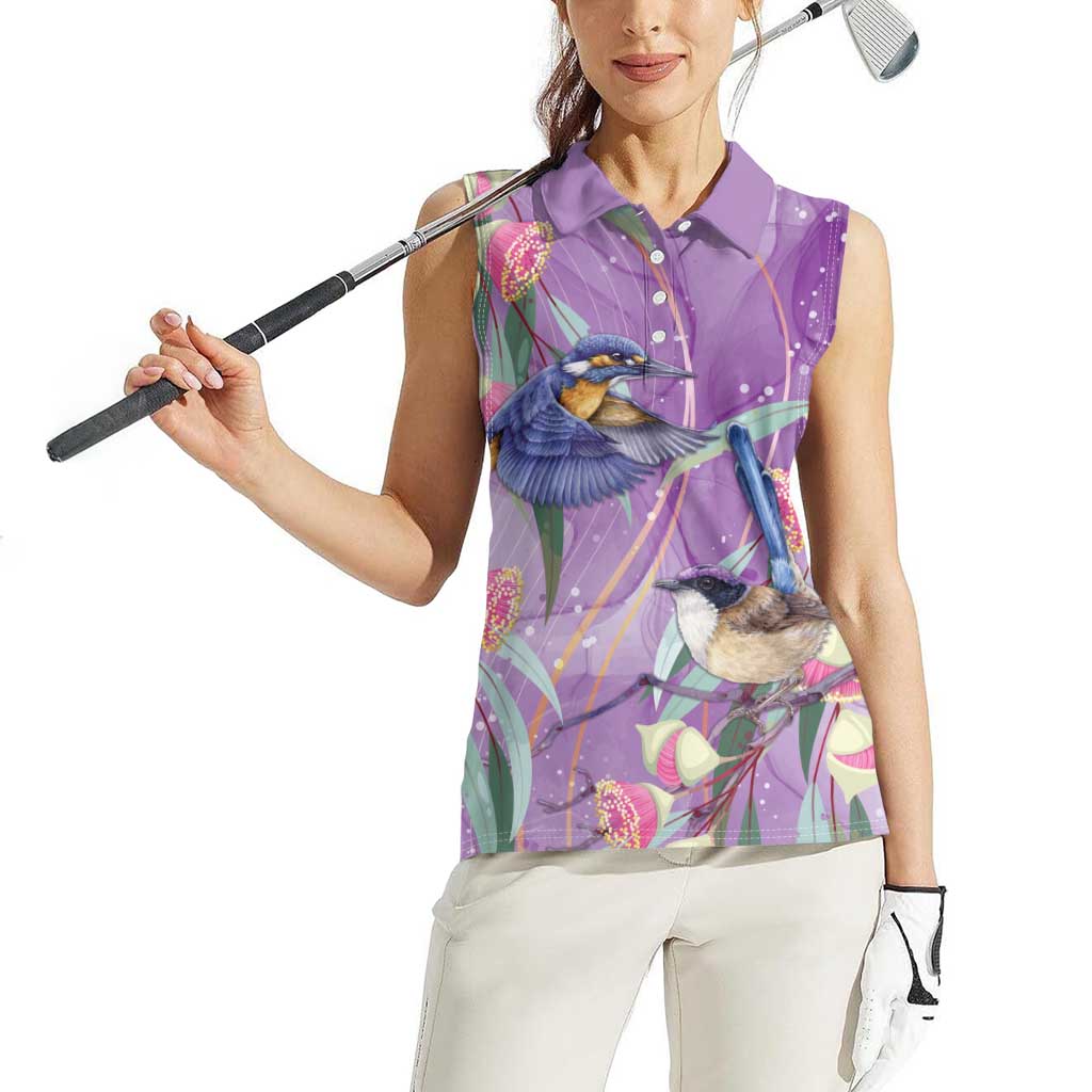 Australia Epilepsy Awareness Women Sleeveless Polo Shirt Purple Fairy Wren with Eucalyptus Flowers - undefined
