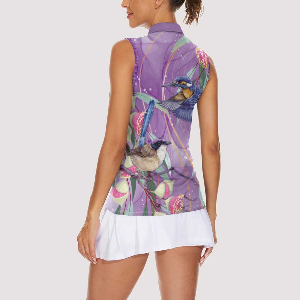 Australia Epilepsy Awareness Women Sleeveless Polo Shirt Purple Fairy Wren with Eucalyptus Flowers - undefined