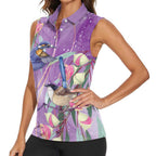Australia Epilepsy Awareness Women Sleeveless Polo Shirt Purple Fairy Wren with Eucalyptus Flowers - undefined