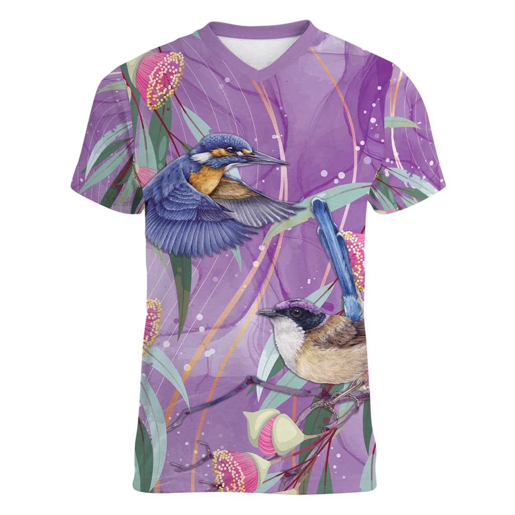Australia Epilepsy Awareness Women V-Neck T-Shirt Purple Fairy Wren with Eucalyptus Flowers - Aussie Hoodie