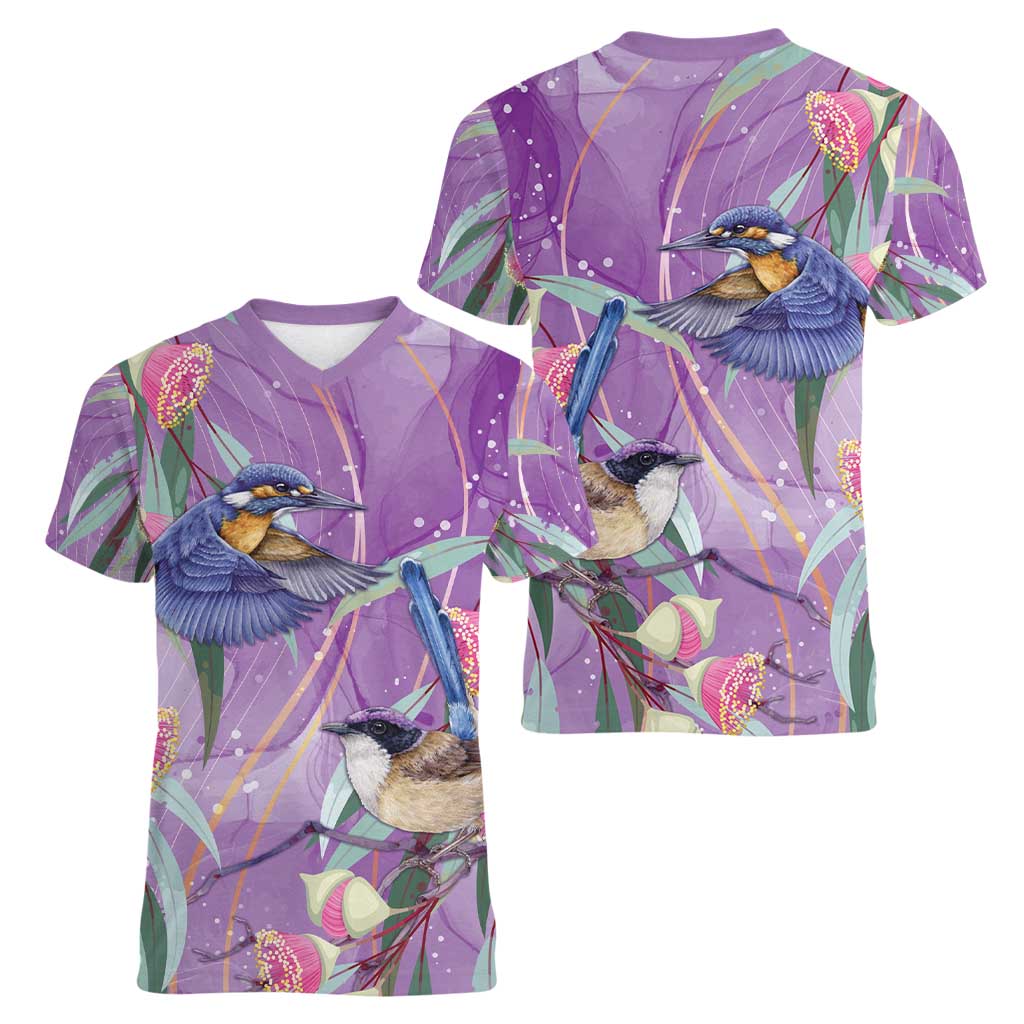 Australia Epilepsy Awareness Women V-Neck T-Shirt Purple Fairy Wren with Eucalyptus Flowers - Aussie Hoodie