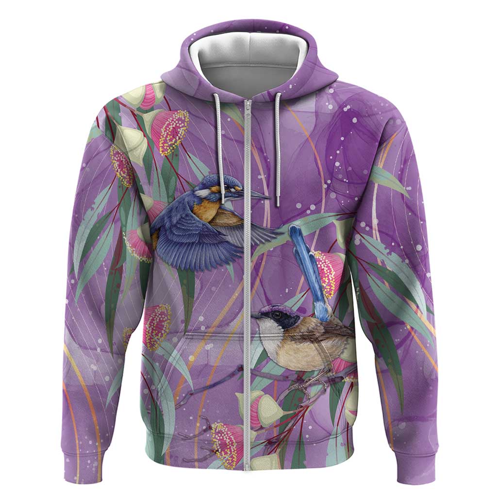 Australia Epilepsy Awareness Zip Hoodie Purple Fairy Wren with Eucalyptus Flowers - Aussie Hoodie