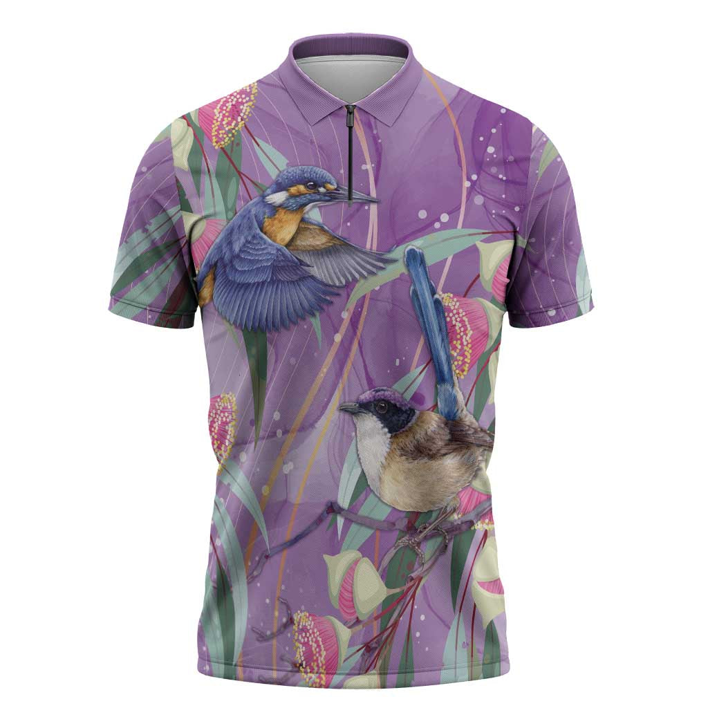 Australia Epilepsy Awareness Zipper Polo Shirt Purple Fairy Wren with Eucalyptus Flowers - Aussie Hoodie
