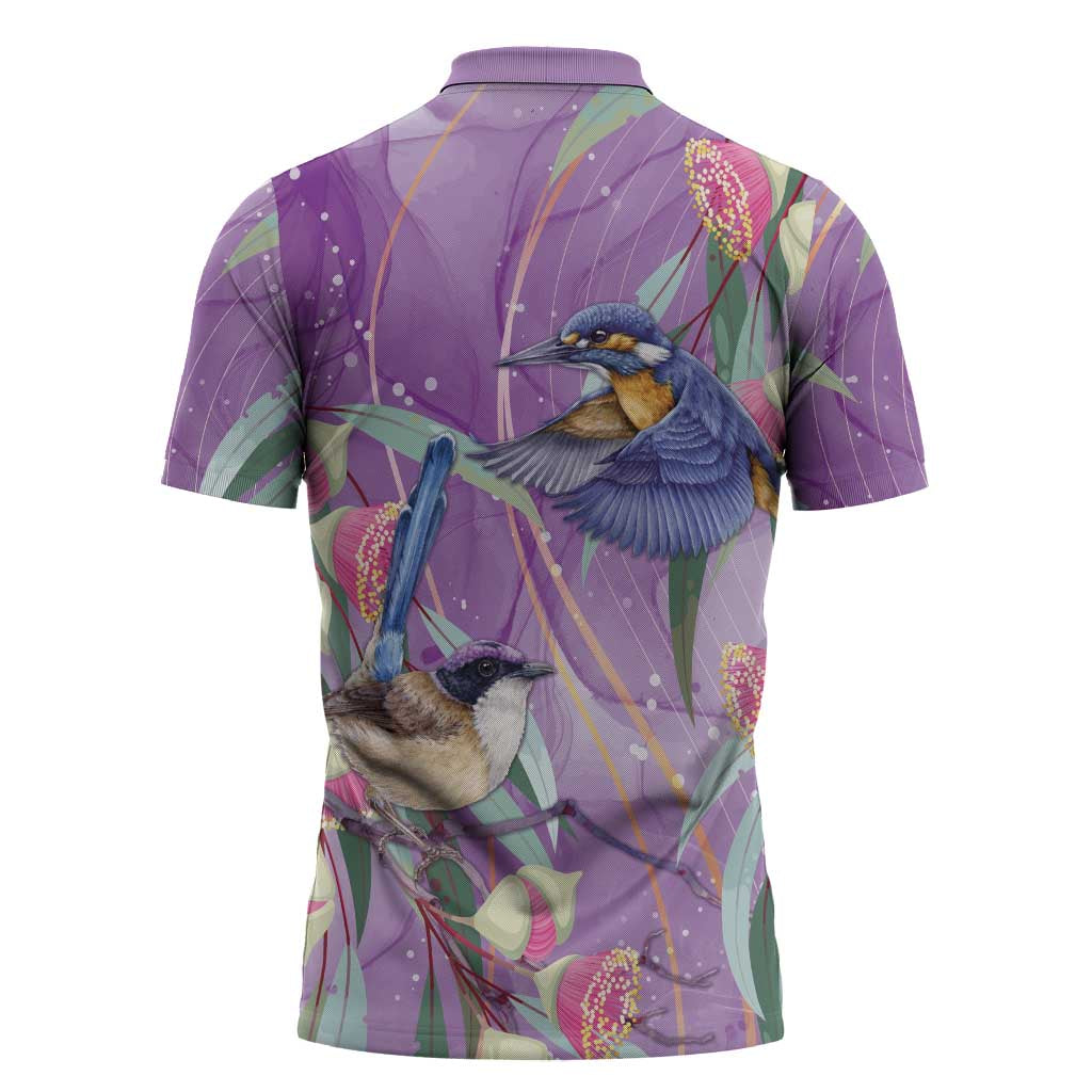 Australia Epilepsy Awareness Zipper Polo Shirt Purple Fairy Wren with Eucalyptus Flowers - Aussie Hoodie