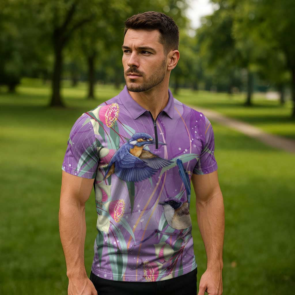 Australia Epilepsy Awareness Zipper Polo Shirt Purple Fairy Wren with Eucalyptus Flowers - Aussie Hoodie