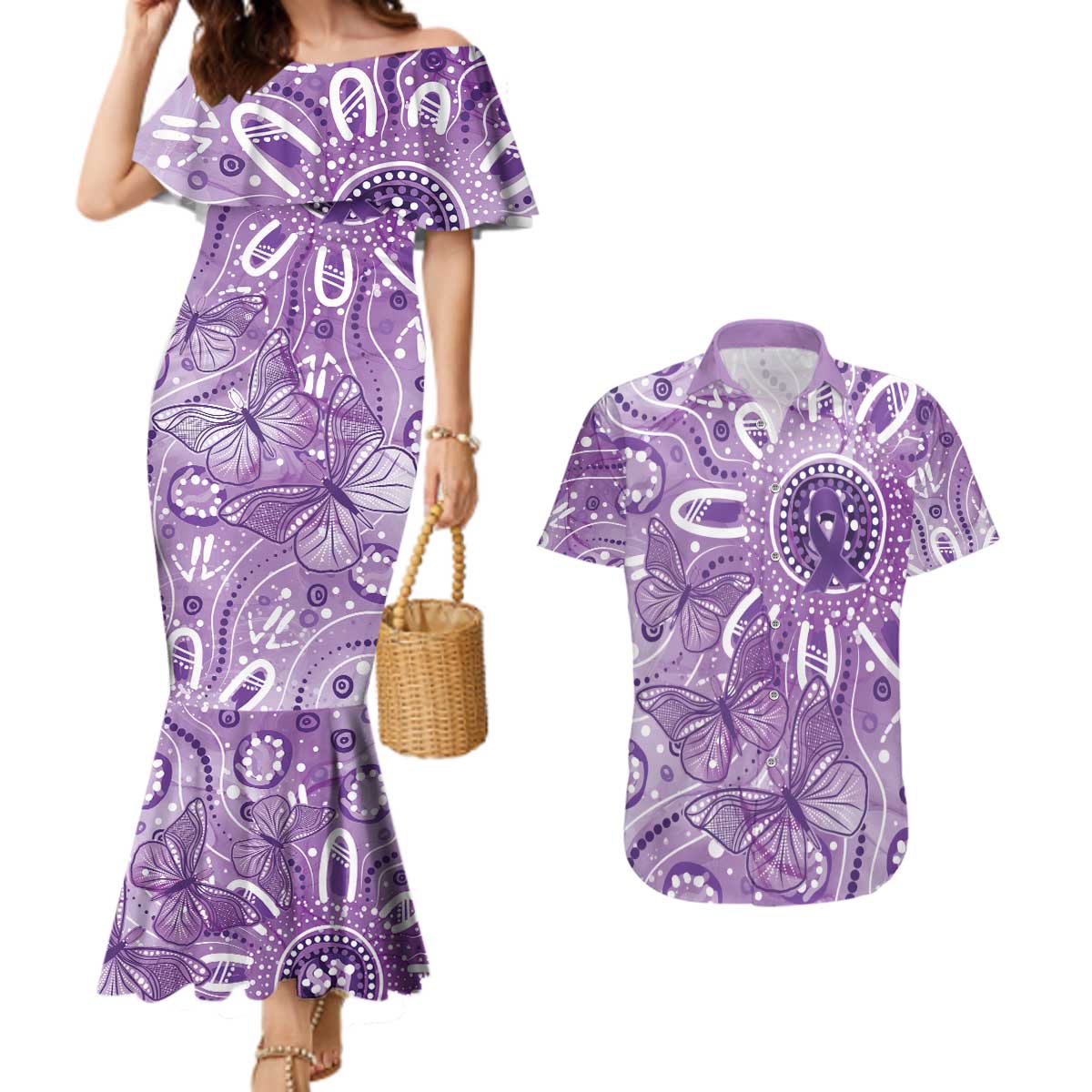 Australia Epilepsy Awareness Indigenous Couples Matching Mermaid Dress and Hawaiian Shirt Butterfly Aboriginal Art - Aussie Hoodie