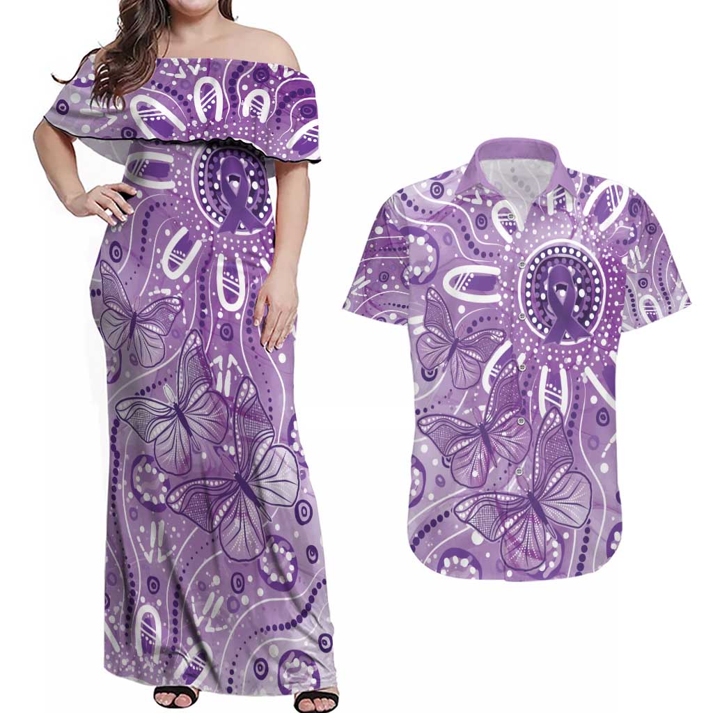 Australia Epilepsy Awareness Indigenous Couples Matching Off Shoulder Maxi Dress and Hawaiian Shirt Butterfly Aboriginal Art - Aussie Hoodie