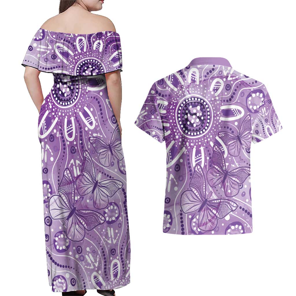 Australia Epilepsy Awareness Indigenous Couples Matching Off Shoulder Maxi Dress and Hawaiian Shirt Butterfly Aboriginal Art - Aussie Hoodie