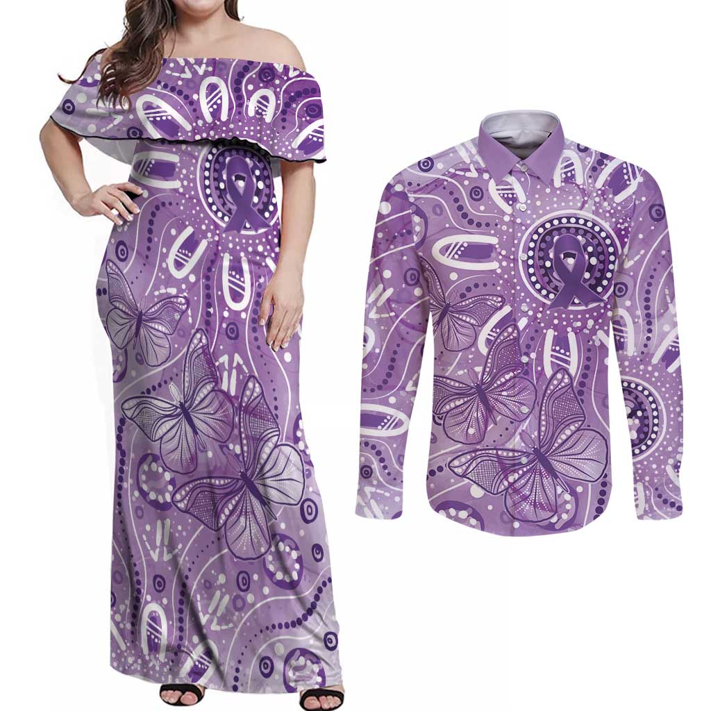 Australia Epilepsy Awareness Indigenous Couples Matching Off Shoulder Maxi Dress and Long Sleeve Button Shirt Butterfly Aboriginal Art - Aussie Hoodie