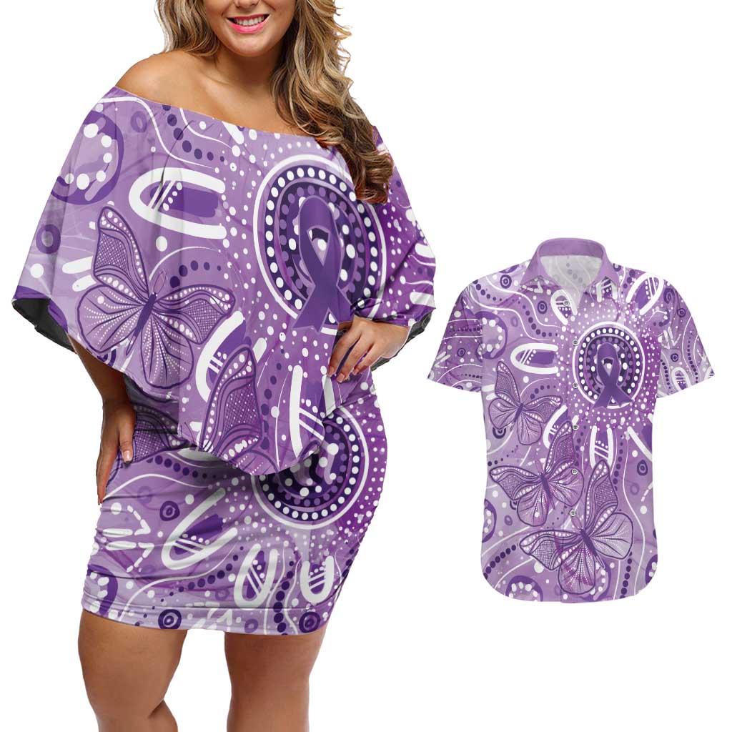 Australia Epilepsy Awareness Indigenous Couples Matching Off Shoulder Short Dress and Hawaiian Shirt Butterfly Aboriginal Art - Aussie Hoodie