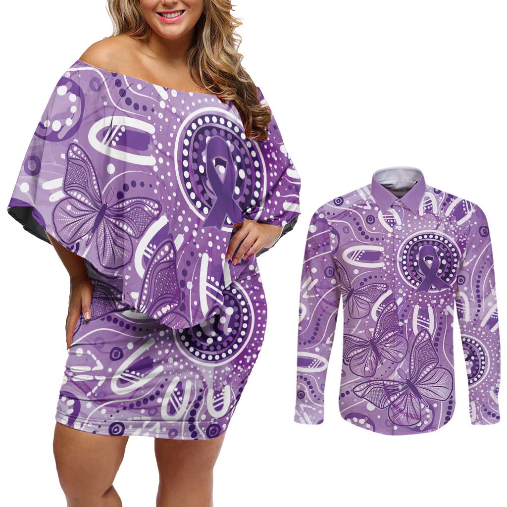 Australia Epilepsy Awareness Indigenous Couples Matching Off Shoulder Short Dress and Long Sleeve Button Shirt Butterfly Aboriginal Art - Aussie Hoodie