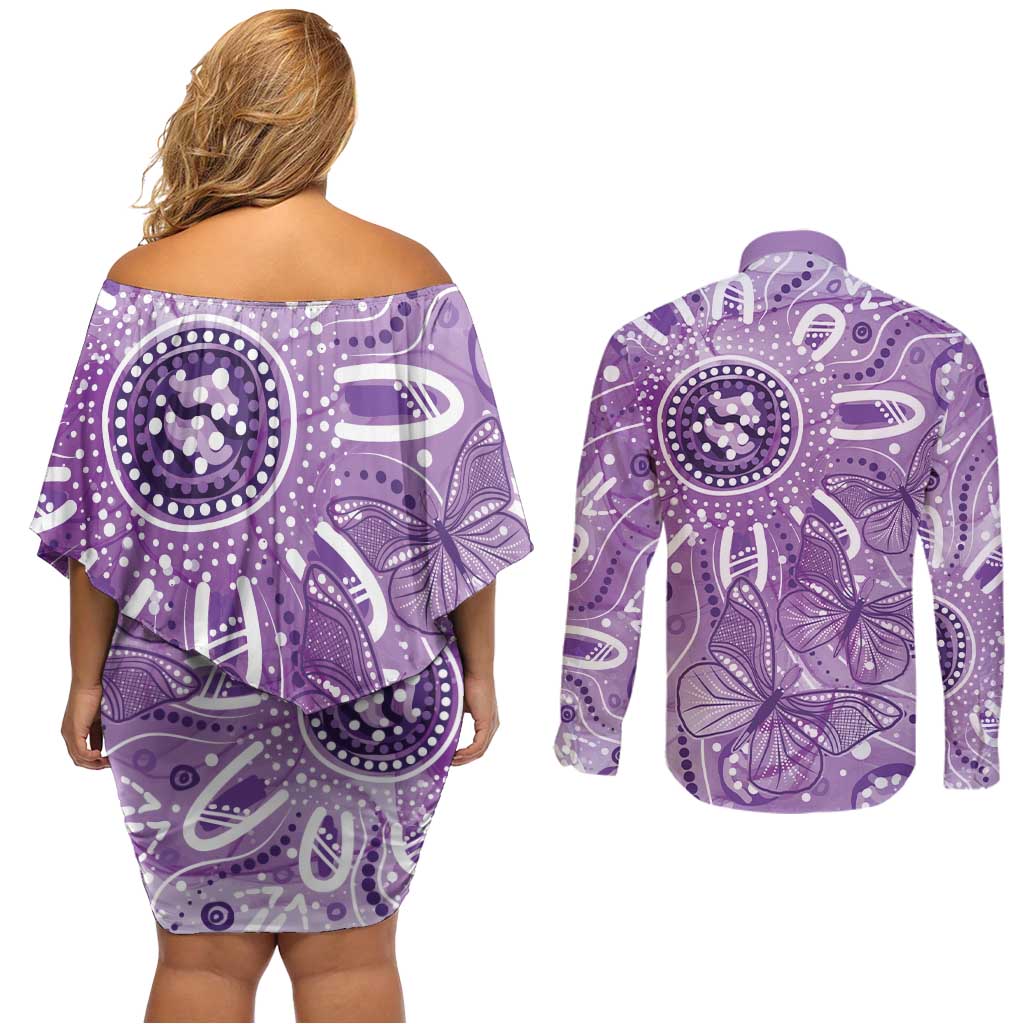 Australia Epilepsy Awareness Indigenous Couples Matching Off Shoulder Short Dress and Long Sleeve Button Shirt Butterfly Aboriginal Art - Aussie Hoodie