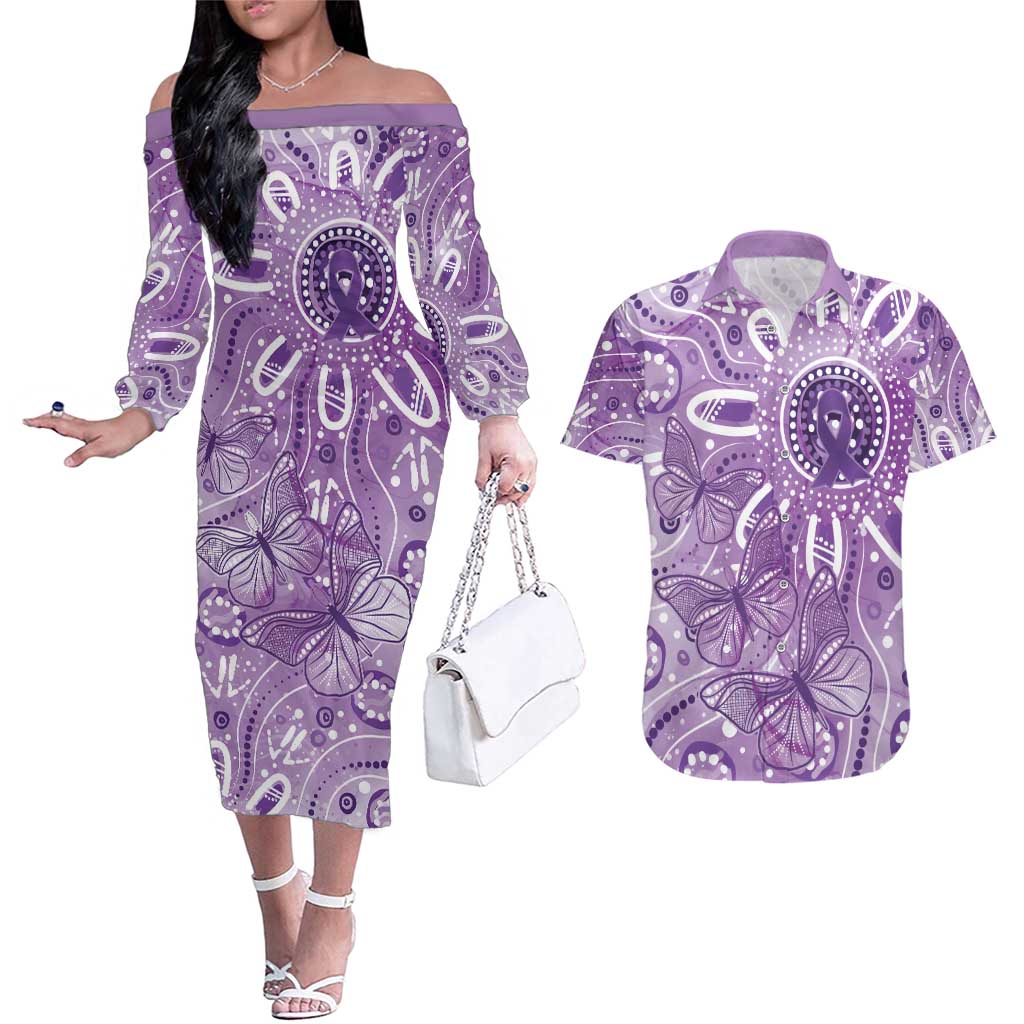 Australia Epilepsy Awareness Indigenous Couples Matching Off The Shoulder Long Sleeve Dress and Hawaiian Shirt Butterfly Aboriginal Art - Aussie Hoodie