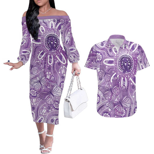 Australia Epilepsy Awareness Indigenous Couples Matching Off The Shoulder Long Sleeve Dress and Hawaiian Shirt Butterfly Aboriginal Art - Aussie Hoodie