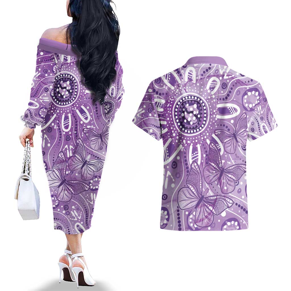 Australia Epilepsy Awareness Indigenous Couples Matching Off The Shoulder Long Sleeve Dress and Hawaiian Shirt Butterfly Aboriginal Art - Aussie Hoodie