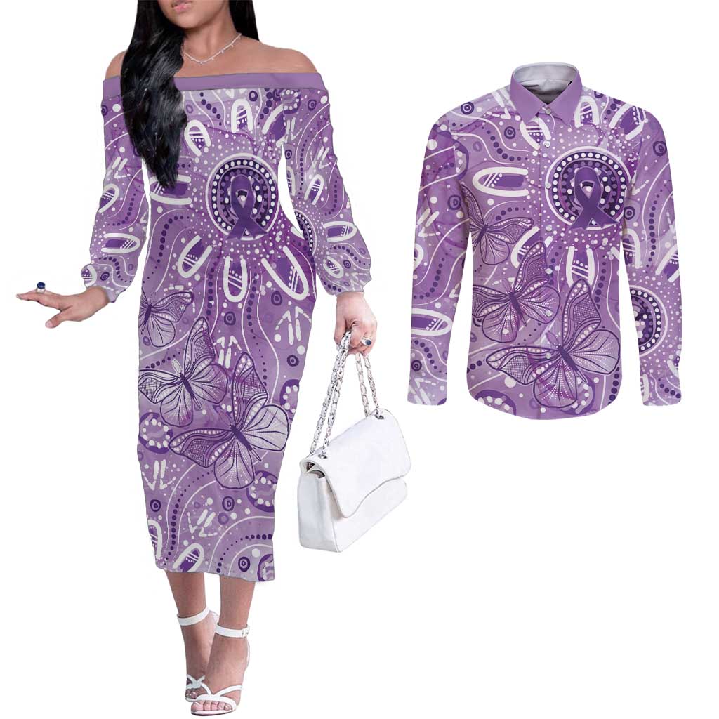 Australia Epilepsy Awareness Indigenous Couples Matching Off The Shoulder Long Sleeve Dress and Long Sleeve Button Shirt Butterfly Aboriginal Art - Aussie Hoodie