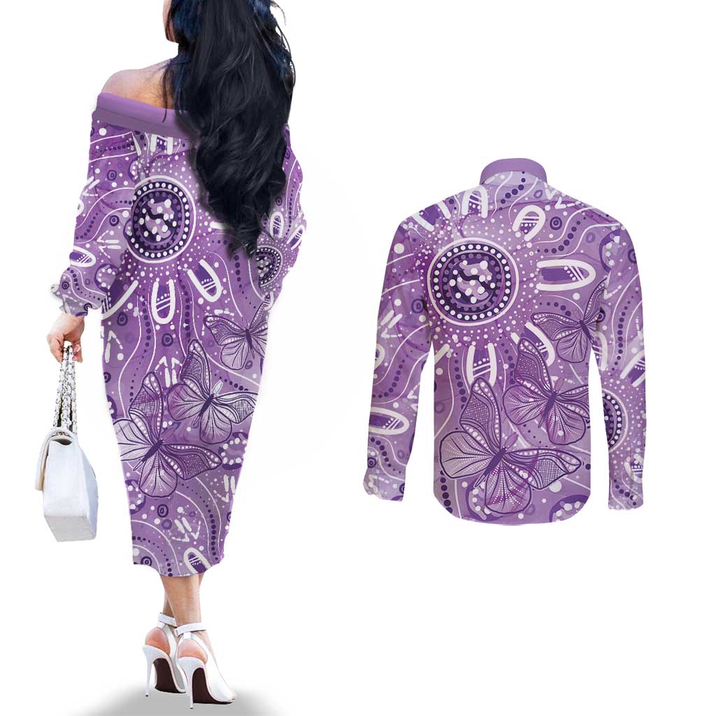 Australia Epilepsy Awareness Indigenous Couples Matching Off The Shoulder Long Sleeve Dress and Long Sleeve Button Shirt Butterfly Aboriginal Art - Aussie Hoodie