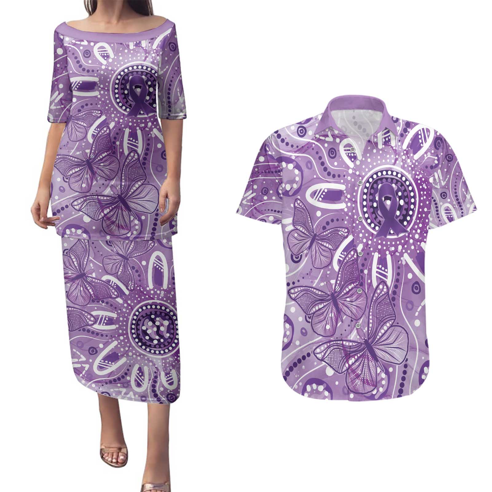 Australia Epilepsy Awareness Indigenous Couples Matching Puletasi and Hawaiian Shirt Butterfly Aboriginal Art - Aussie Hoodie