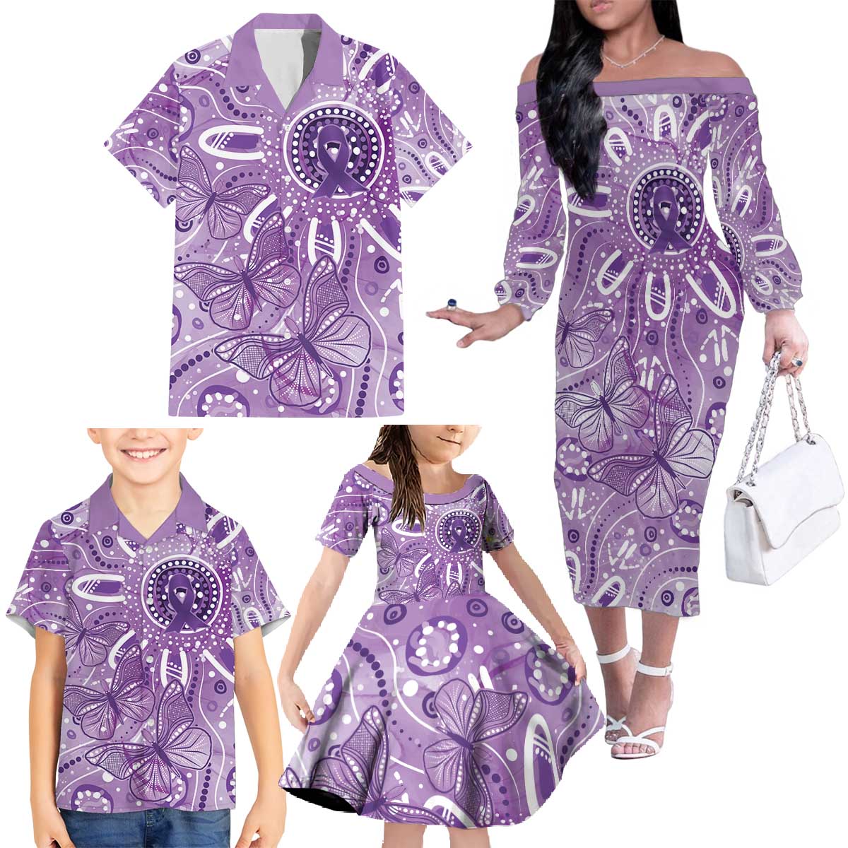 Australia Epilepsy Awareness Indigenous Family Matching Off The Shoulder Long Sleeve Dress and Hawaiian Shirt Butterfly Aboriginal Art - Aussie Hoodie