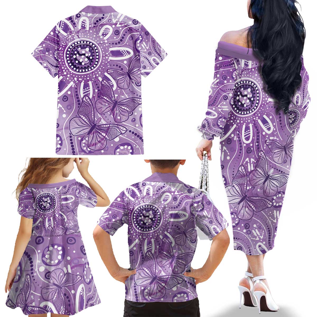 Australia Epilepsy Awareness Indigenous Family Matching Off The Shoulder Long Sleeve Dress and Hawaiian Shirt Butterfly Aboriginal Art - Aussie Hoodie