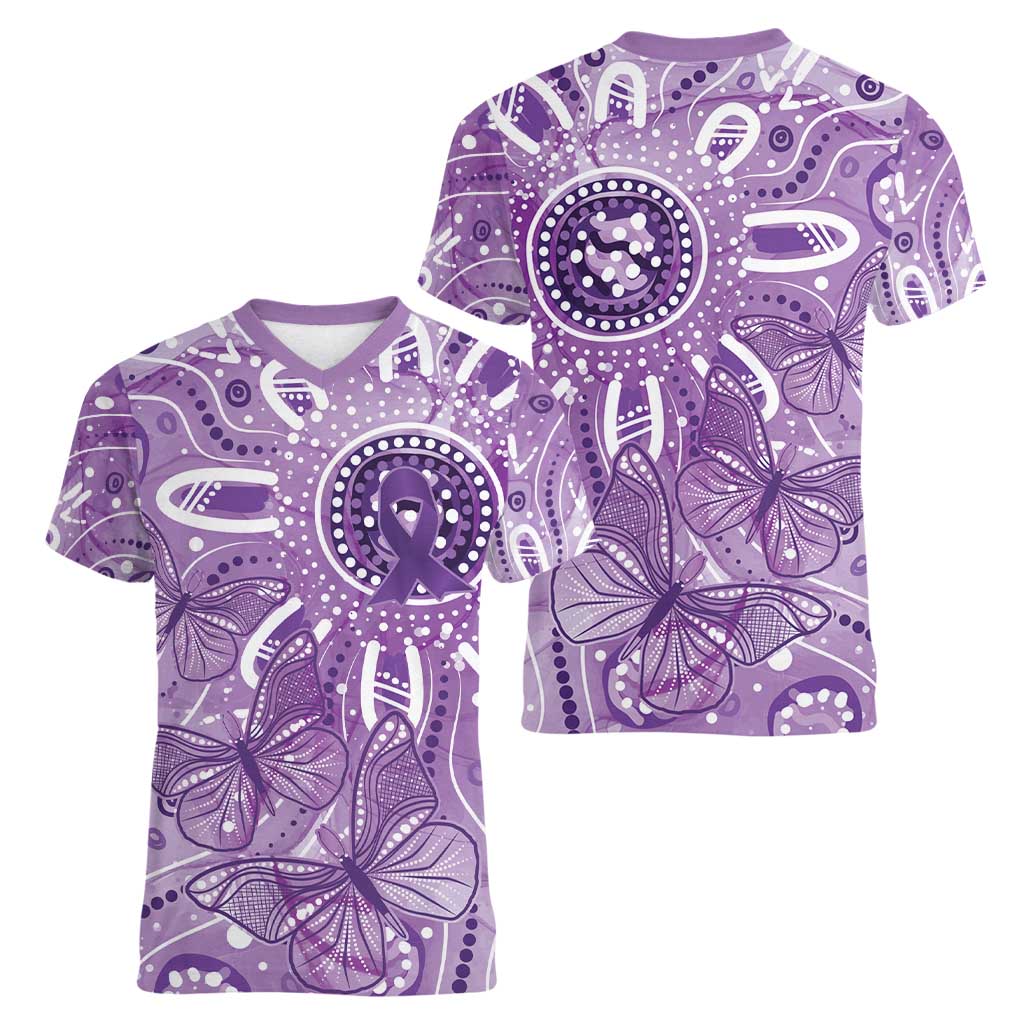 Australia Epilepsy Awareness Indigenous Women V-Neck T-Shirt Butterfly Aboriginal Art - Aussie Hoodie