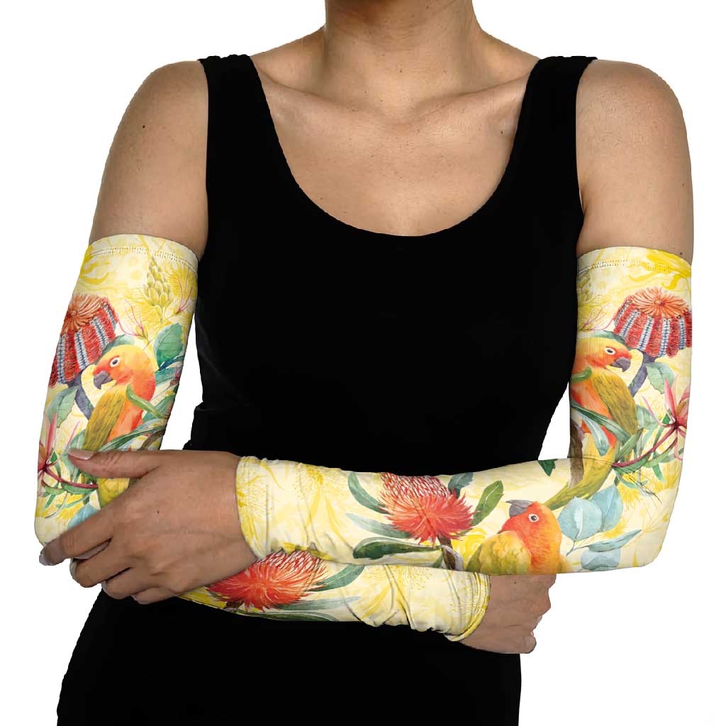 Birds and Floral Aussie Lorikeet Arm Sleeves Pastel Yellow - Aussie Hoodie