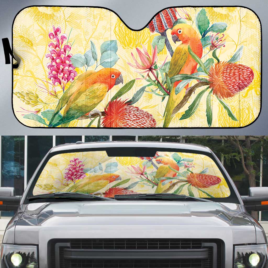 Birds and Floral Aussie Lorikeet Auto Sun Shade Pastel Yellow - Aussie Hoodie