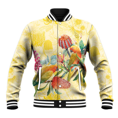 Birds and Floral Aussie Lorikeet Baseball Jacket Pastel Yellow - Aussie Hoodie