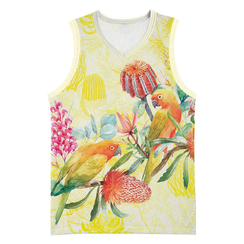 Birds and Floral Aussie Lorikeet Basketball Jersey Pastel Yellow - Aussie Hoodie