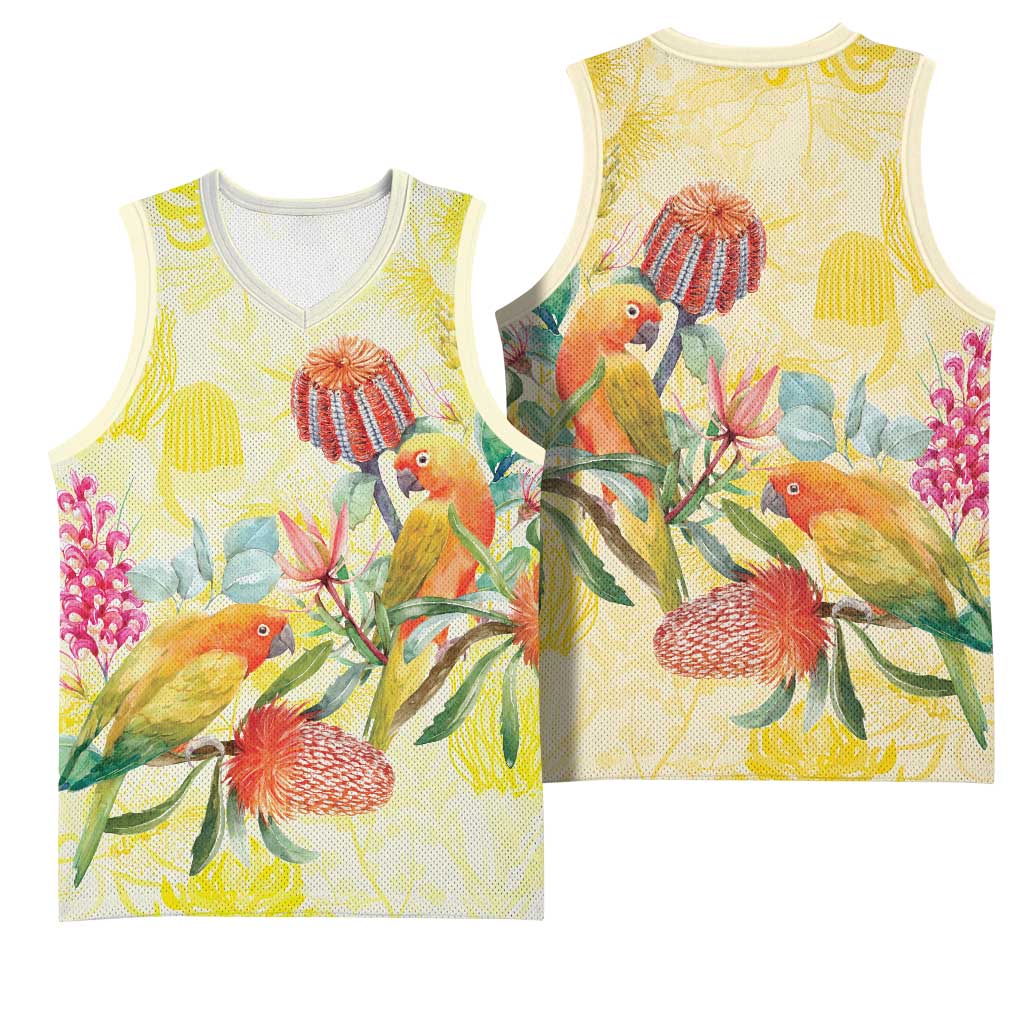 Birds and Floral Aussie Lorikeet Basketball Jersey Pastel Yellow - Aussie Hoodie