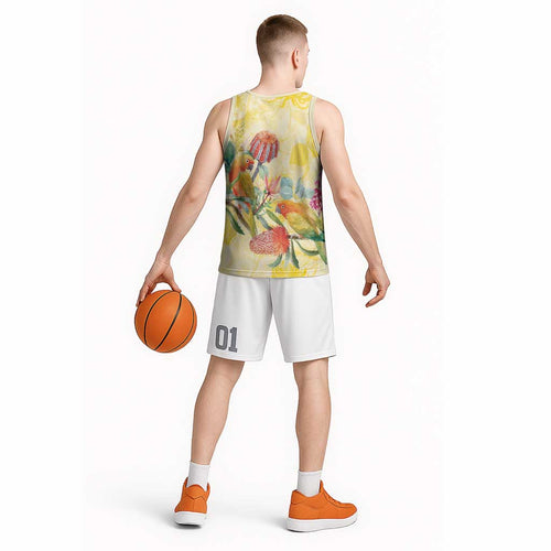 Birds and Floral Aussie Lorikeet Basketball Jersey Pastel Yellow - Aussie Hoodie
