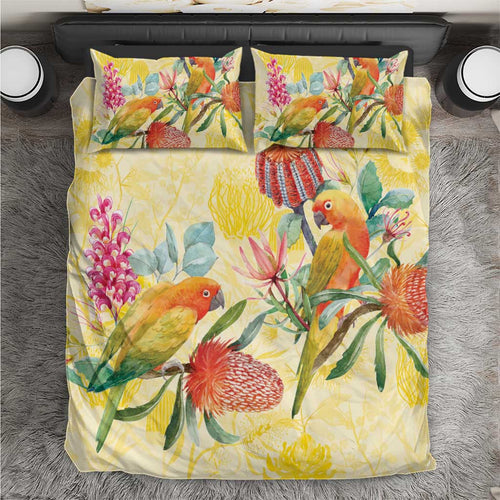 Birds and Floral Aussie Lorikeet Bedding Set Pastel Yellow - Aussie Hoodie