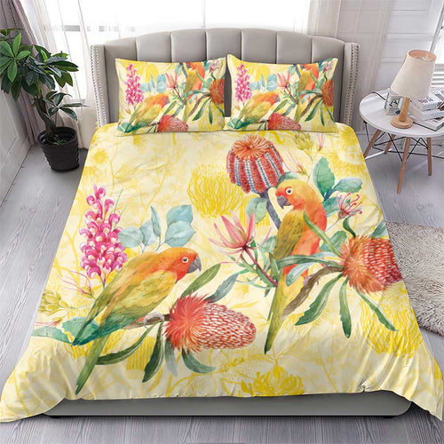 Birds and Floral Aussie Lorikeet Bedding Set Pastel Yellow - Aussie Hoodie