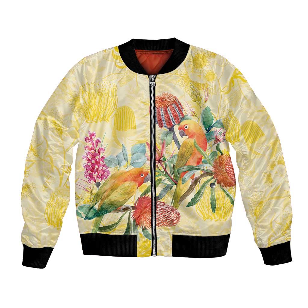 Birds and Floral Aussie Lorikeet Bomber Jacket Pastel Yellow - Aussie Hoodie