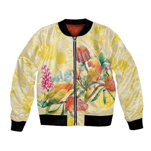 Birds and Floral Aussie Lorikeet Bomber Jacket Pastel Yellow - Aussie Hoodie