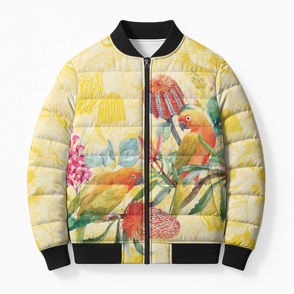 Birds and Floral Aussie Lorikeet Bomber Puffer Jacket Pastel Yellow - Aussie Hoodie