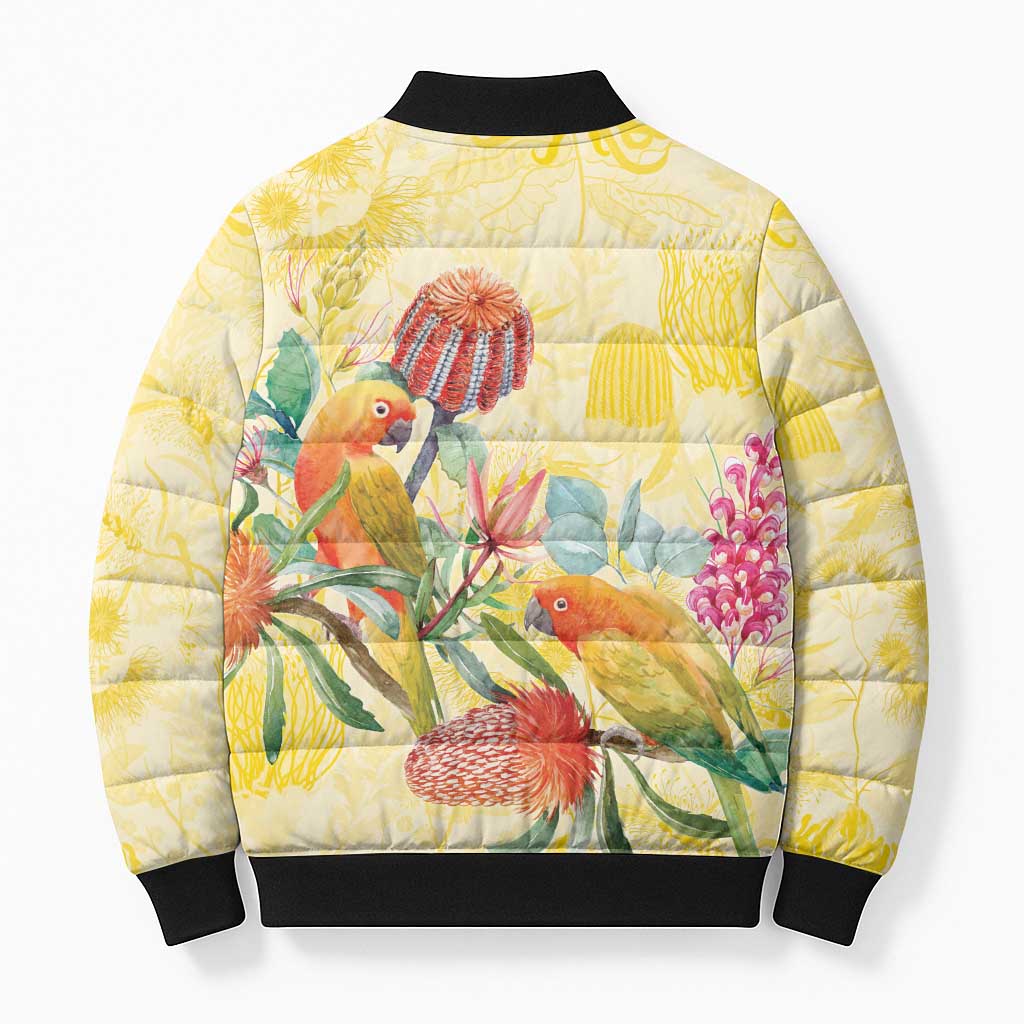 Birds and Floral Aussie Lorikeet Bomber Puffer Jacket Pastel Yellow - Aussie Hoodie