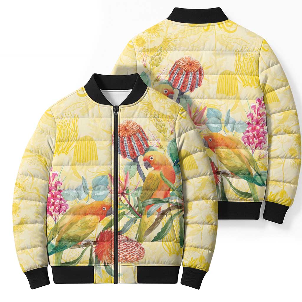 Birds and Floral Aussie Lorikeet Bomber Puffer Jacket Pastel Yellow - Aussie Hoodie
