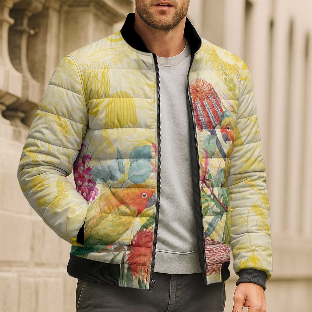 Birds and Floral Aussie Lorikeet Bomber Puffer Jacket Pastel Yellow - Aussie Hoodie