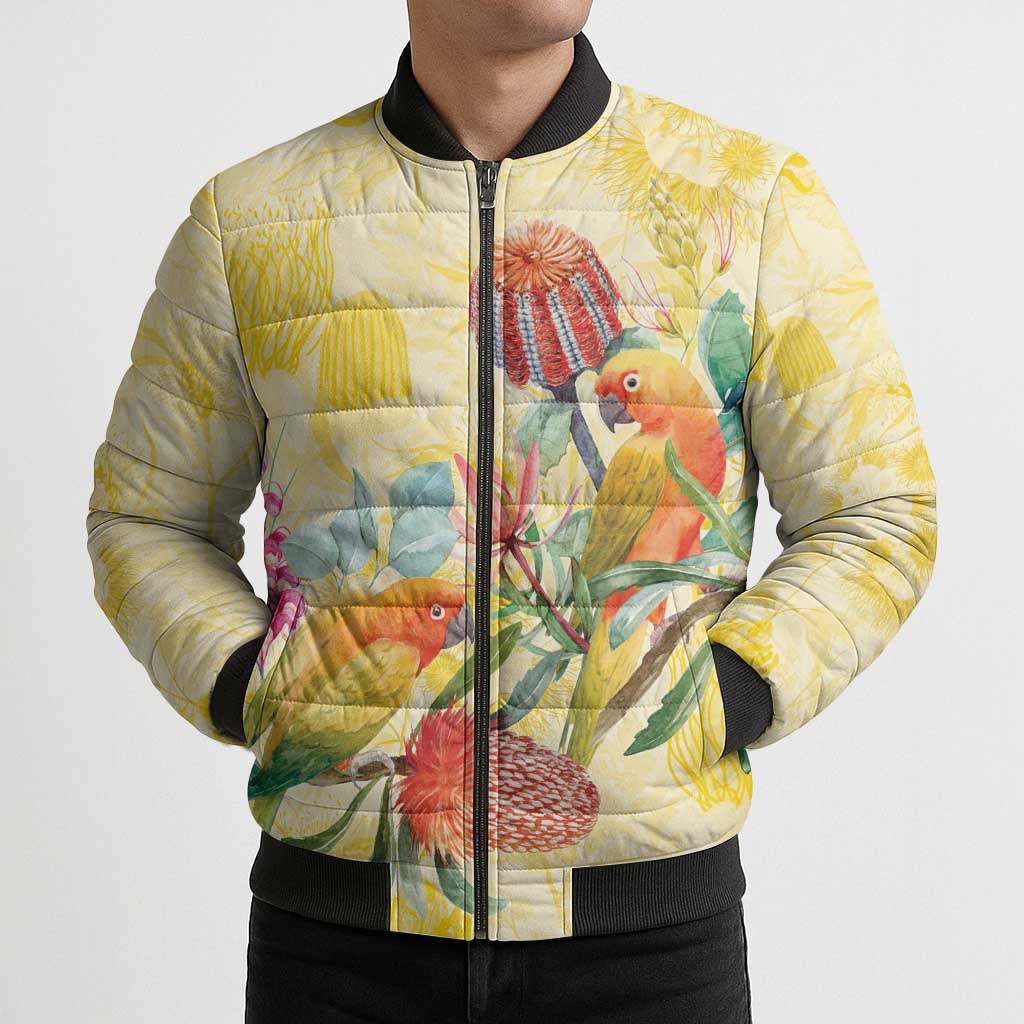 Birds and Floral Aussie Lorikeet Bomber Puffer Jacket Pastel Yellow - Aussie Hoodie