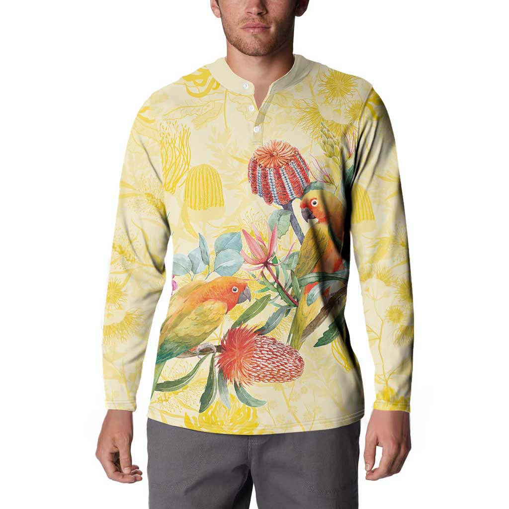 Birds and Floral Aussie Lorikeet Button Sweatshirt Pastel Yellow - Aussie Hoodie