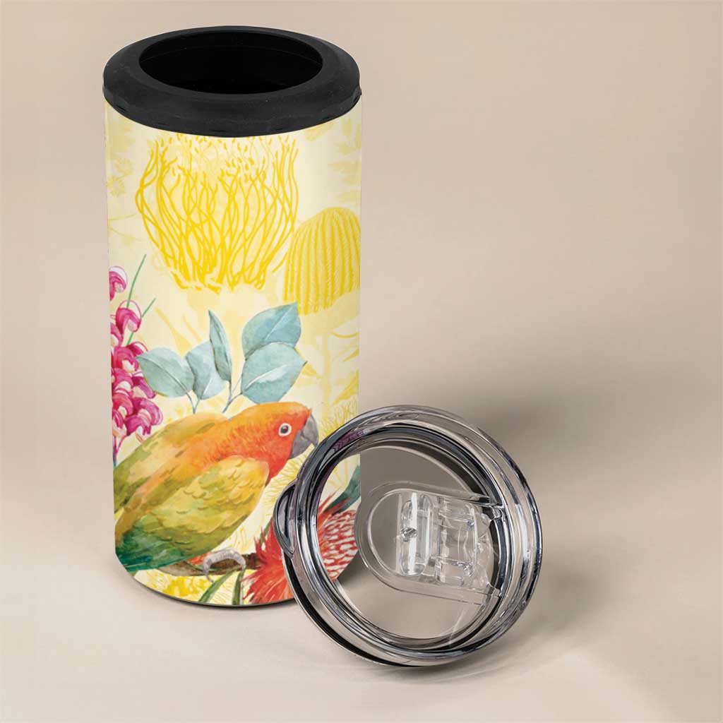 Birds and Floral Aussie Lorikeet 4 in 1 Can Cooler Tumbler Pastel Yellow - Aussie Hoodie