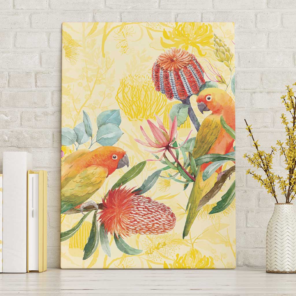 Birds and Floral Aussie Lorikeet Canvas Wall Art Pastel Yellow - Aussie Hoodie