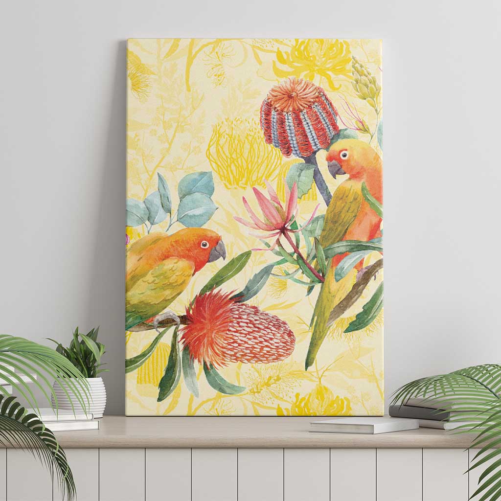 Birds and Floral Aussie Lorikeet Canvas Wall Art Pastel Yellow - Aussie Hoodie