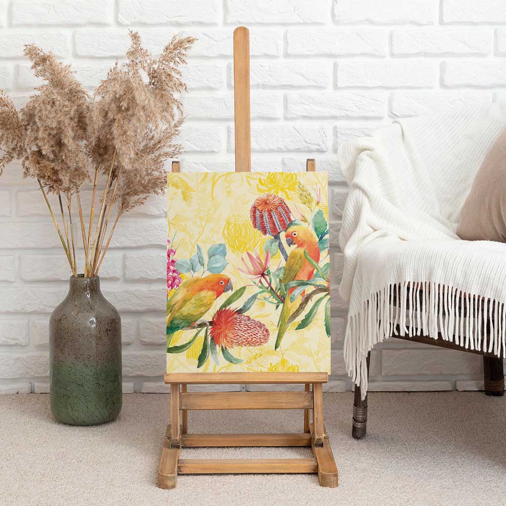 Birds and Floral Aussie Lorikeet Canvas Wall Art Pastel Yellow - Aussie Hoodie
