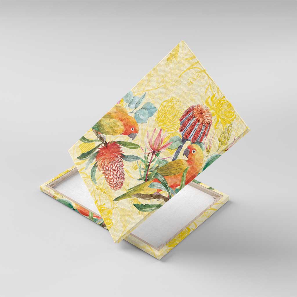 Birds and Floral Aussie Lorikeet Canvas Wall Art Pastel Yellow - Aussie Hoodie